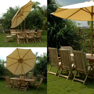 Teak Garden Set of Folding Chair, Oval Extending Table and Umbrella